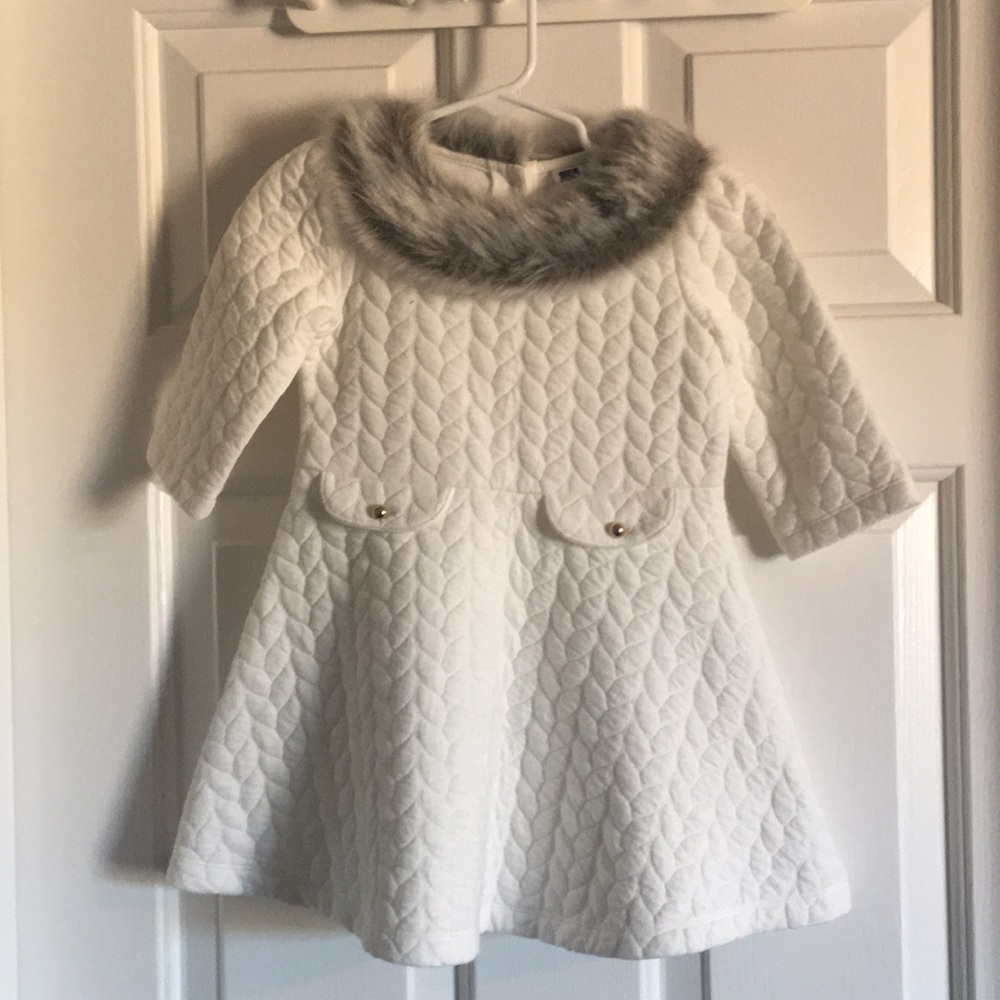 Janie & Jack White quilted dress w fur collar sz 2